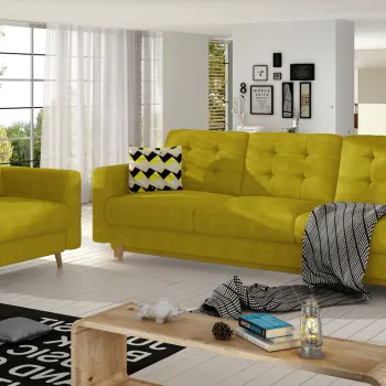 Set canapea extensibila 3 locuri si fotoliu ELTAP, Asgard, 235x95x86 cm / 107x92x86 cm, lemn/poliester, galben imagine