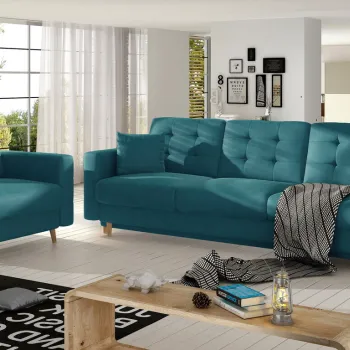 Set canapea extensibila 3 locuri si fotoliu ELTAP, Asgard, 235x95x86 cm / 107x92x86 cm, lemn/poliester, turcoaz imagine