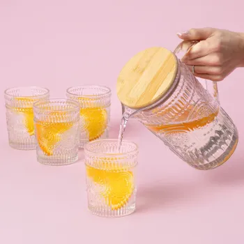 Set carafa si 4 pahare Lobos, Homla, 1 L / 300 ml, sticla/bambus, transparent/natur imagine