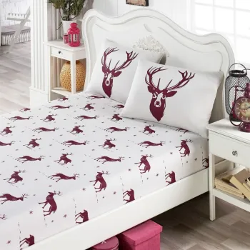 Set cearceaf de pat cu elastic si 2 fete de perna, EnLora Home, Geyik, amestec bumbac, alb/rosu imagine