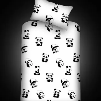 Set cearceaf si fata de perna, EnLora Home, Panda, 100x200 cm, amestec bumbac, alb/negru imagine