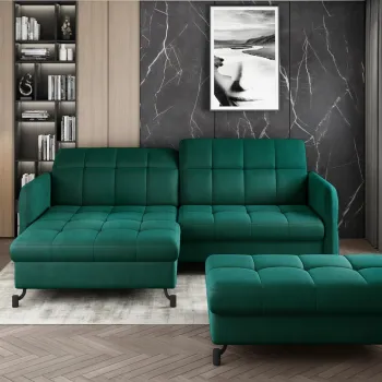 Set coltar extensibil dreapta 3 locuri si taburet ELTAP, Lor_PP_03, Lorelle, 225x160x105 cm / 100x70x45 cm, lemn/poliester, verde inchis imagine