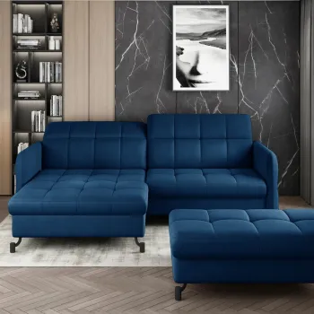 Set coltar extensibil dreapta 3 locuri si taburet ELTAP, Lor_PP_04, Lorelle, 225x160x105 cm / 100x70x45 cm, lemn/poliester, albastru inchis imagine
