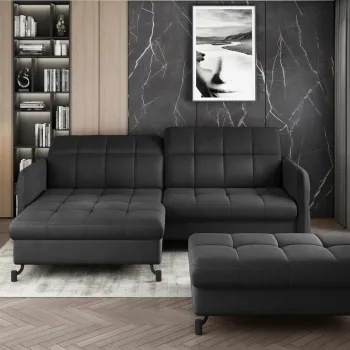 Set coltar extensibil dreapta 3 locuri si taburet ELTAP, Lor_PP_05, Lorelle, 225x160x105 cm / 100x70x45 cm, lemn/poliester, gri inchis imagine