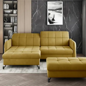 Set coltar extensibil dreapta 3 locuri si taburet ELTAP, Lor_PP_06, Lorelle, 225x160x105 cm / 100x70x45 cm, lemn/poliester, mustar imagine