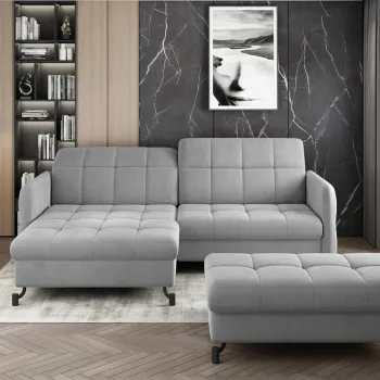 Set coltar extensibil dreapta 3 locuri si taburet ELTAP, Lor_PP_07, Lorelle, 225x160x105 cm / 100x70x45 cm, lemn/poliester, gri deschis imagine