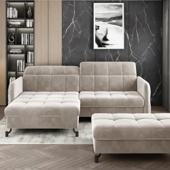 Set coltar extensibil dreapta 3 locuri si taburet ELTAP, Lor_PP_10, Lorelle, 225x160x105 cm / 100x70x45 cm, lemn/poliester, bej imagine