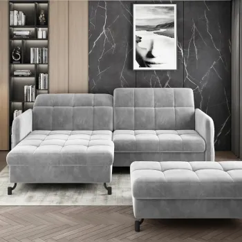 Set coltar extensibil dreapta 3 locuri si taburet ELTAP, Lor_PP_11, Lorelle, 225x160x105 cm / 100x70x45 cm, lemn/poliester, gri deschis imagine