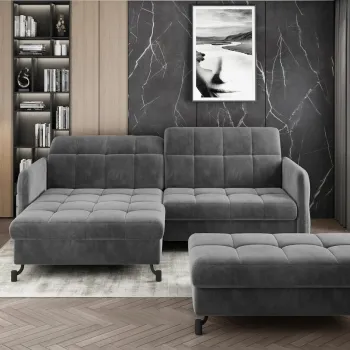 Set coltar extensibil dreapta 3 locuri si taburet ELTAP, Lor_PP_12, Lorelle, 225x160x105 cm / 100x70x45 cm, lemn/poliester, gri inchis imagine