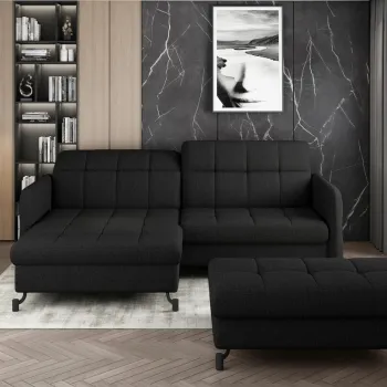 Set coltar extensibil dreapta 3 locuri si taburet ELTAP, Lor_PP_19, Lorelle, 225x160x105 cm / 100x70x45 cm, lemn/poliester, negru imagine