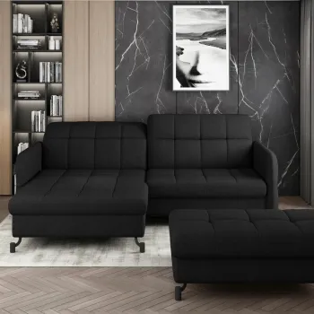 Set coltar extensibil dreapta 3 locuri si taburet ELTAP, Lor_PP_27, Lorelle, 225x160x105 cm / 100x70x45 cm, lemn/poliester, negru imagine
