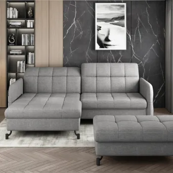 Set coltar extensibil dreapta 3 locuri si taburet ELTAP, Lor_PP_28, Lorelle, 225x160x105 cm / 100x70x45 cm, lemn/poliester, gri deschis imagine