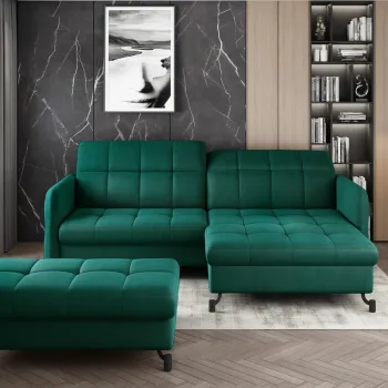 Set coltar extensibil stanga 3 locuri si taburet ELTAP, Lor_LP_03, Lorelle, 225x160x105 cm / 100x70x45 cm, lemn/poliester, verde inchis imagine
