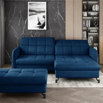 Set coltar extensibil stanga 3 locuri si taburet ELTAP, Lor_LP_04, Lorelle, 225x160x105 cm / 100x70x45 cm, lemn/poliester, albastru inchis imagine