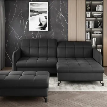 Set coltar extensibil stanga 3 locuri si taburet ELTAP, Lor_LP_05, Lorelle, 225x160x105 cm / 100x70x45 cm, lemn/poliester, gri inchis imagine