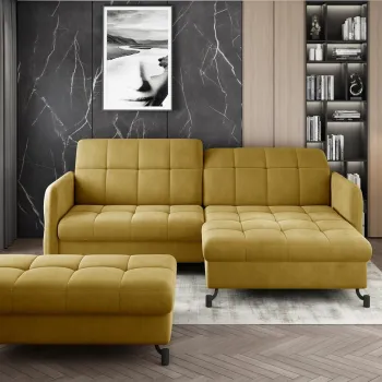 Set coltar extensibil stanga 3 locuri si taburet ELTAP, Lor_LP_06, Lorelle, 225x160x105 cm / 100x70x45 cm, lemn/poliester, mustar imagine