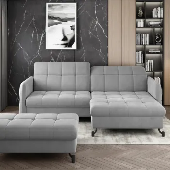 Set coltar extensibil stanga 3 locuri si taburet ELTAP, Lor_LP_07, Lorelle, 225x160x105 cm / 100x70x45 cm, lemn/poliester, gri deschis imagine