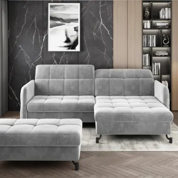 Set coltar extensibil stanga 3 locuri si taburet ELTAP, Lor_LP_11, Lorelle, 225x160x105 cm / 100x70x45 cm, lemn/poliester, gri deschis imagine