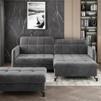 Set coltar extensibil stanga 3 locuri si taburet ELTAP, Lor_LP_12, Lorelle, 225x160x105 cm / 100x70x45 cm, lemn/poliester, gri inchis imagine