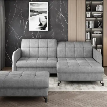 Set coltar extensibil stanga 3 locuri si taburet ELTAP, Lor_LP_14, Lorelle, 225x160x105 cm / 100x70x45 cm, lemn/poliester, gri deschis imagine
