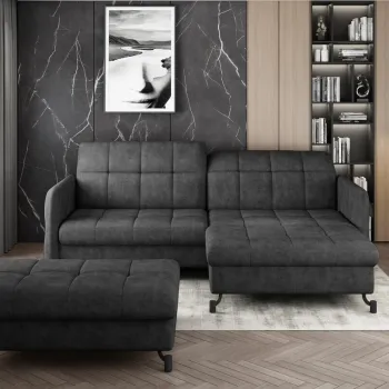 Set coltar extensibil stanga 3 locuri si taburet ELTAP, Lor_LP_15, Lorelle, 225x160x105 cm / 100x70x45 cm, lemn/poliester, gri inchis imagine