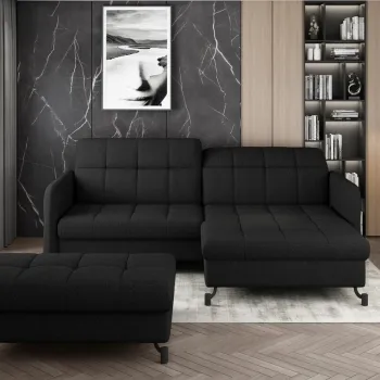Set coltar extensibil stanga 3 locuri si taburet ELTAP, Lor_LP_19, Lorelle, 225x160x105 cm / 100x70x45 cm, lemn/poliester, negru imagine
