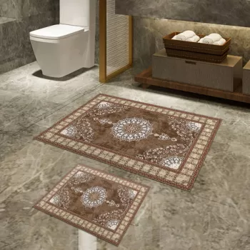 Set covoras de baie (2 bucati), Alanur Home, 510615, Poliester, Bej / nurca / rosu / alb imagine