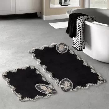 Set covoras de baie (2 bucati), Alanur Home, ALNE4645, Poliester, Alb negru imagine