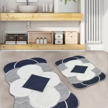 Set covoras de baie (2 bucati), Chilai, Corte, Poliester, Albastru inchis / Gri / Alb imagine