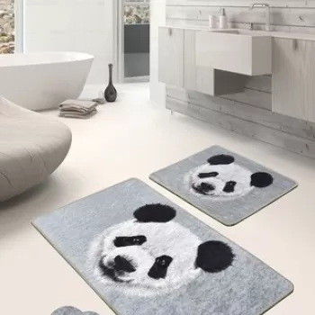 Set covoras de baie (2 bucati), Chilai, Huge Panda DJT, Micropoliamida, Alb / Negru / Gri imagine