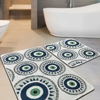 Set covoras de baie (2 bucati), Chilai, Occhio, Poliester, Gri / Albastru inchis / Verde imagine