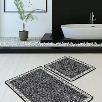 Set covoras de baie (2 bucati), Chilai, Paisley DJT, Catifea, Negru / Antracit / Alb imagine