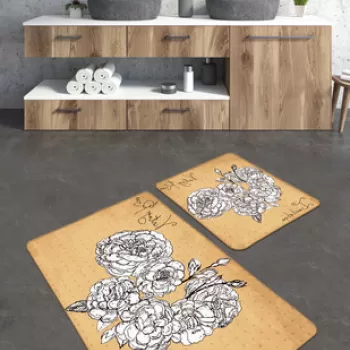 Set covoras de baie (2 bucati), Chilai, Vintage Roses, Catifea, Galben / Negru / Alb imagine