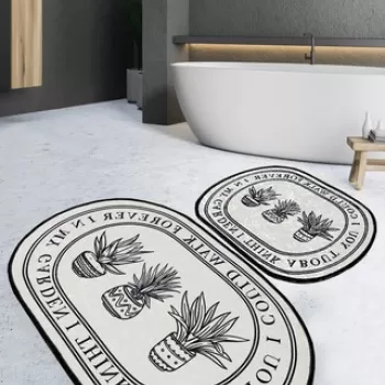 Set covoras de baie (2 bucati), Chilai, Walk, Poliester, Crem/Negru imagine