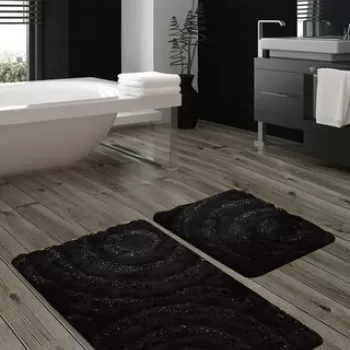 Set covoras de baie (2 bucati), Chilai, Wave, Fibre acrilice, Negru / Antracit imagine