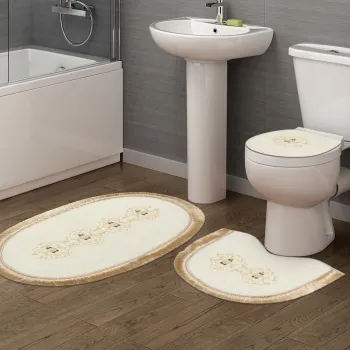 Set covoras de baie (3 bucati), Alanur Home, Klozet Tkm.000187, Poliester, Crem imagine