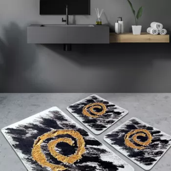 Set covoras de baie (3 bucati), Chilai, Dagger, Catifea, Negru / Alb / Auriu imagine