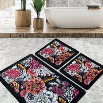 Set covoras de baie (3 bucati), Chilai, Floreale Djt, Poliester, Multicolor imagine