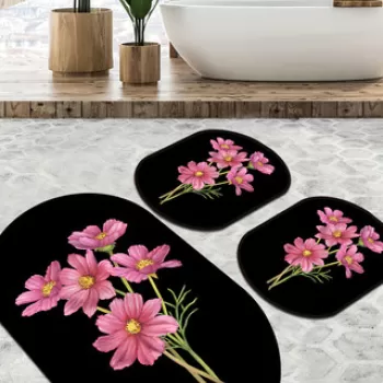 Set covoras de baie (3 bucati), Chilai Home, Sitivo Djt, Poliester, Negru / Roz / Verde imagine