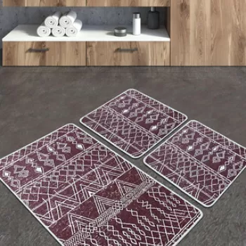 Set covoras de baie (3 bucati), Chilai Home, Straordinario Djt, Poliester, Rosu Claret / Alb imagine