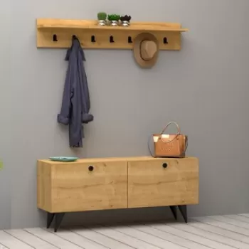 Set cuier cu pantofar, Puqa Design, Rupa, pal melaminat, stejar imagine