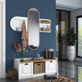 Set cuier cu pantofar, Wren, EE101 - 1983, pal melaminat, alb/nuc imagine