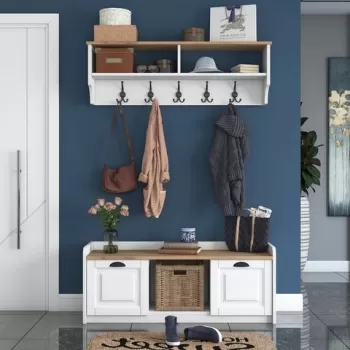 Set cuier cu pantofar, Wren, P2 - 1636, pal melaminat, alb/nuc imagine