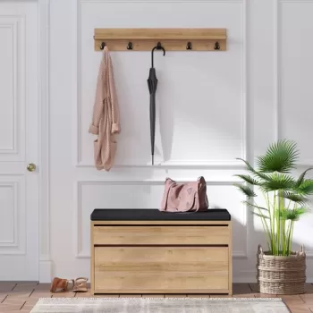 Set cuier si pantofar Boby, Elegance, 80x35x42 cm / 80x15 cm, PAL, natural/negru imagine