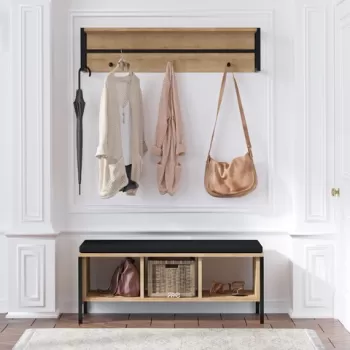 Set cuier si pantofar Shana, Elegance, 100x35x43 cm / 100x20x24 cm, PAL, natural/negru imagine