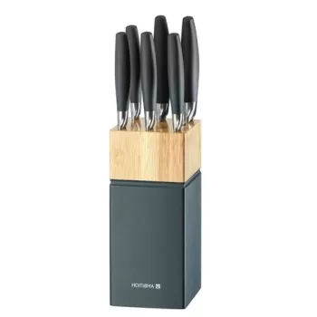 Set cutite 7piese cu suport din lemn Silvery, Ambition, otel, gri imagine