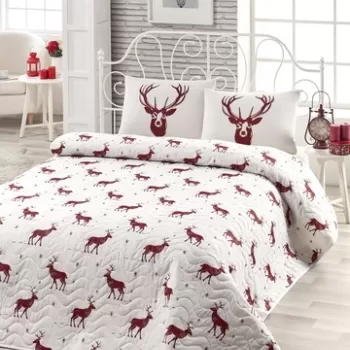 Set cuvertura de pat dubla, 3 piese, 65% bumbac si 35% poliester, EnLora Home, Geyik, alb/rosu imagine