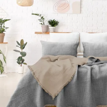 Set cuvertura de pat dubla 3 piese, Alda - Grey, Saheser, 70% bumbac/30% poliester imagine