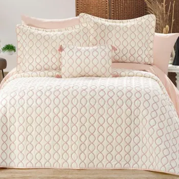 Set cuvertura de pat dubla 3 piese, Brillance - Cream, Powder, Lumea zestrei, Catifea imagine