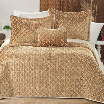 Set cuvertura de pat dubla 3 piese, Brillance - Gold, Dowry World, Catifea imagine